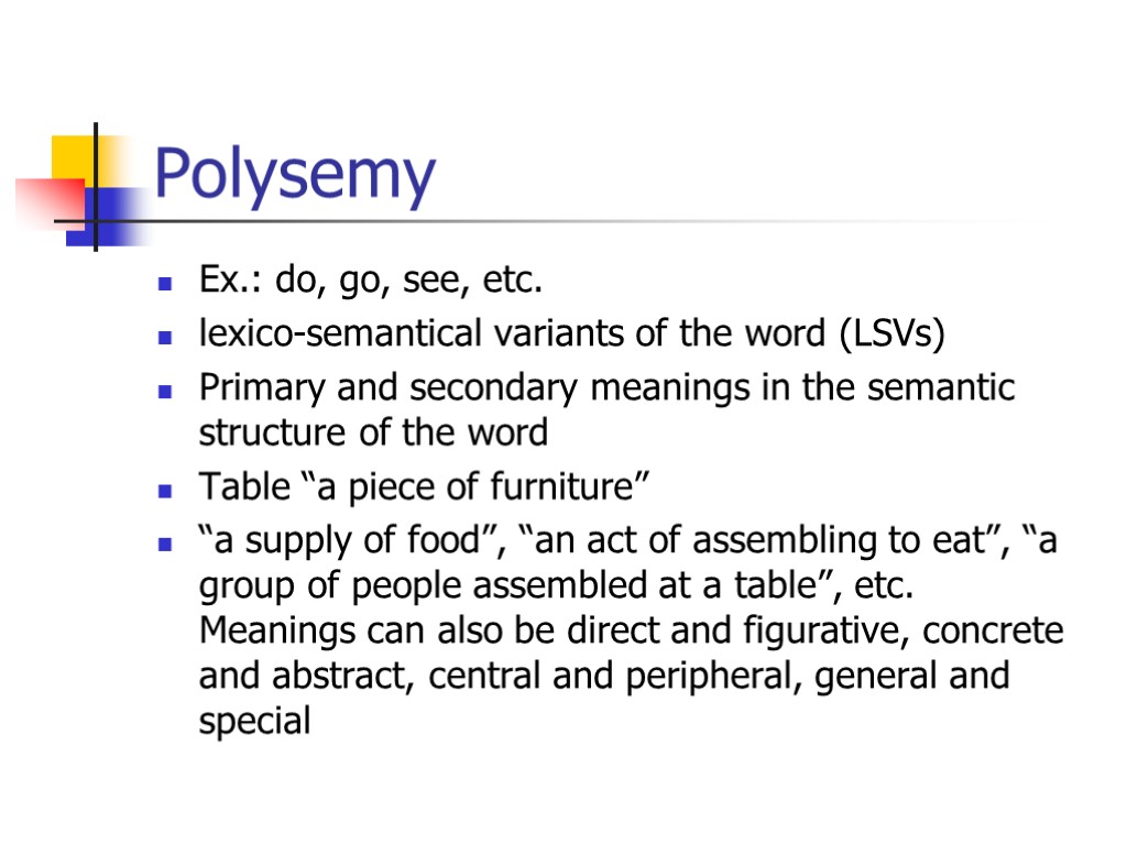 Polysemy Ex.: do, go, see, etc. lexico-semantical variants of the word (LSVs) Primary and
